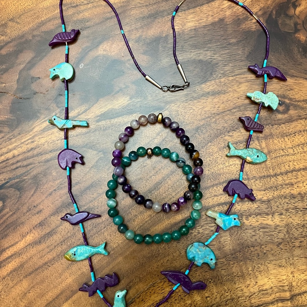 Jodi Coyote Blue/Purple Turquoise Necklace Purple Amthyst Grn Agate Bracelet Set